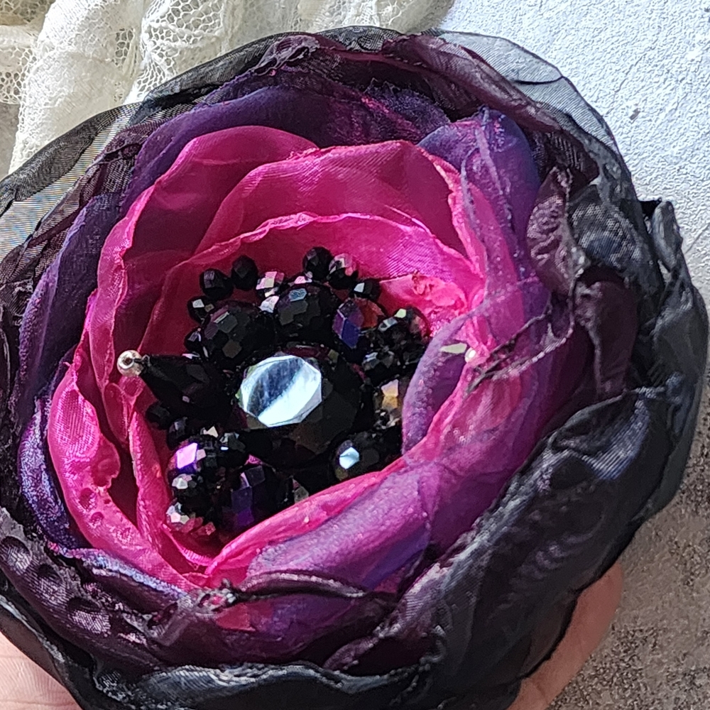 Boho Rose Brooch Clip Apple Blossom Purple Camelia Flower Concept Made in USA - Picture 5 of 12